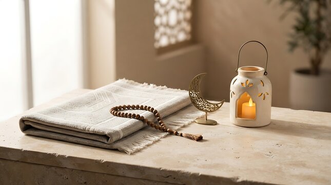 Islamic prayer mat with lantern and crescent