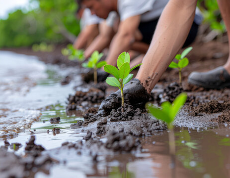 planting green mangrove seedlings into wet muddy soil along a coastal shoreline during an environmental restoration project