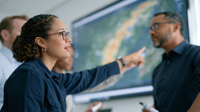 A diverse hydrology team in a minimalist white studio review parametric crop insurance rainfall models projected on a large wall screen, pointing to watershed maps with technical