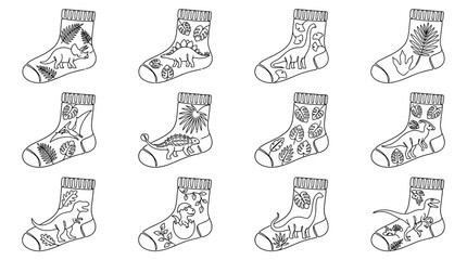 Collection of hand drawn socks with various dinosaur and prehistoric plant patterns for coloring book © bakapi