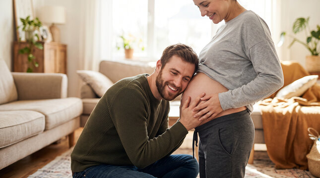 Happy expectant couple waiting for their baby, sharing a loving moment during pregnancy and celebrating parenthood, family bonding and excitement for their new arrival.