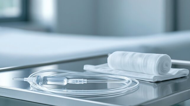 Transparent IV cannula with tubing and rolled bandage on stainless steel clinic table, side view, soft clinical lighting, blurred background, professional mood
