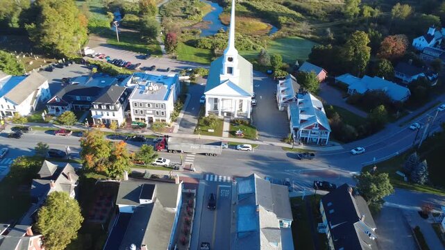 Drone flyover of beautiful Stowe, Vermont in Northeast USA