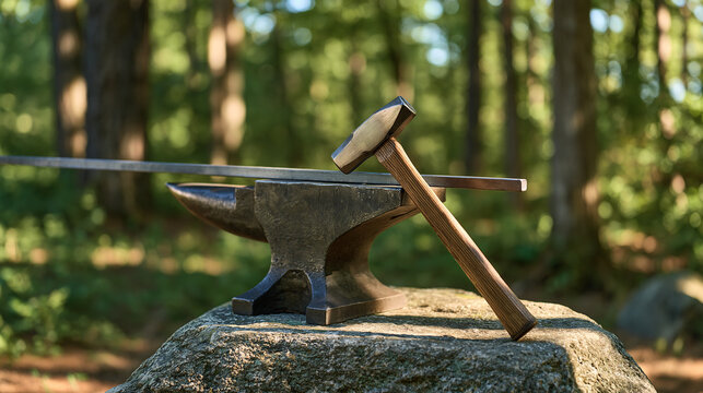 Metalworker's finished steel rod cooling on an anvil outdoors, single object detail against dappled forest edge, hammer resting beside it, grain of the forged metal catching