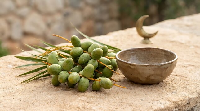 Fresh green dates and a bowl on stone