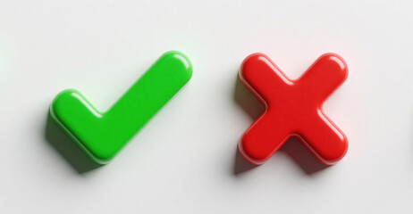 Obraz premium Bright glossy green check mark and red X symbol rest on smooth white surface. Icons represent choice selection approval rejection validation or failure status.