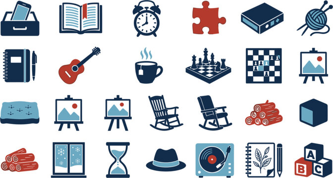 Set of hobby and leisure icons including reading, music, art, games, and crafts