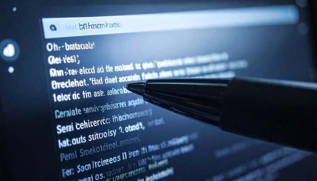 Close up of black stylus pen pointing at glowing code on dark computer screen