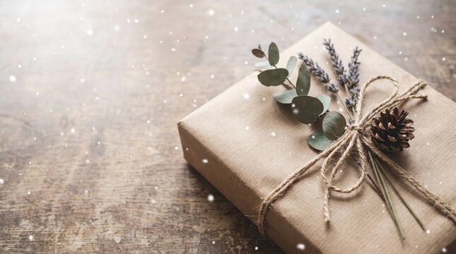 Gift box on wooden table. Festive winter mood. Love and surprise.