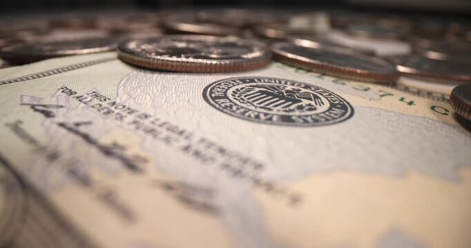 Coins and banknotes are beautifully arranged, showcasing their unique designs and textures. The play of light reveals intricate details, creating a captivating visual experience.
