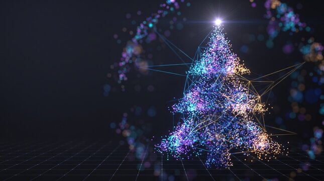Digital Christmas tree. Glowing tech holiday. Modern festive spirit.