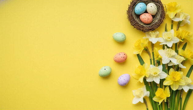 Easter eggs and daffodils on yellow background