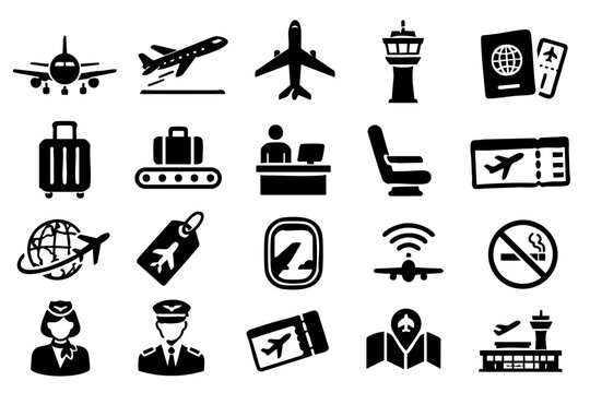Airport Travel Icons Set &ndash; Airplane, Passport, Luggage, Boarding Pass, Airport and Aviation Symbols