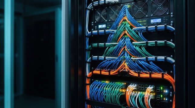 Server cables in rack. Network data center. High speed connection.