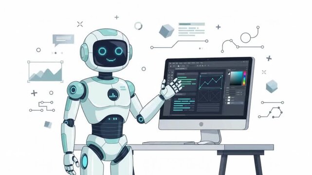 Animated Cute AI Robot Presenting Computer Screen Vector Illustration for Artificial Intelligence Graphic Design Software Tech Concept Isolated on White Background   