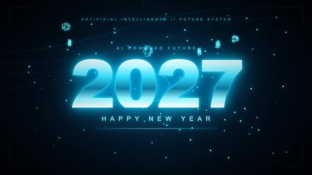 Futuristic 2027 happy new year text with cyan neon glow