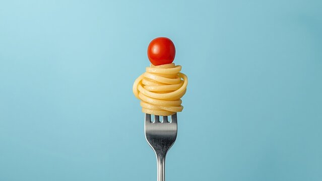 Front view of pasta wrapped around a fork, with one cherry tomato at the fork&rsquo;s tip, empty light-blue background.