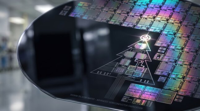 Silicon wafer Christmas tree. Tech holiday spirit. Future innovation.