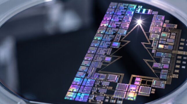 Silicon wafer with Christmas tree. Tech holiday greeting card.