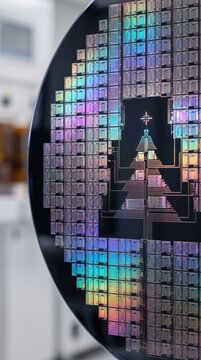 Silicon wafer with Christmas tree chip design. Tech holiday concept.