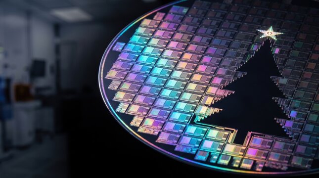 Silicon wafer with a Christmas tree shape. Tech holiday season concept.