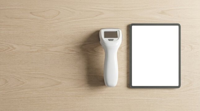 Modern white handheld medical medical device and digital tablet computer mockups lying flat on light wooden surface background with copy space