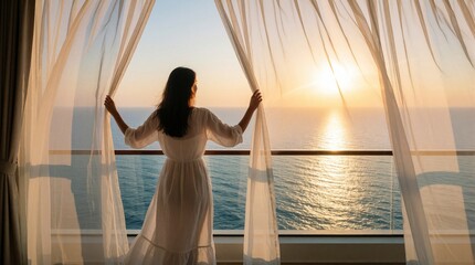 Obraz premium Back view of young woman opening white sheer curtains on hotel balcony. Looks at sunrise over calm ocean. Peaceful morning seascape view with golden sunlight. Relaxing summer vacation at luxury