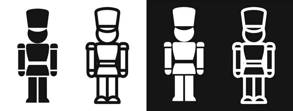 Nutcracker soldier icon set, solid and outline styles, black and white backgrounds