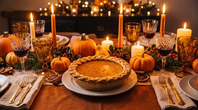 Thanksgiving pumpkin pie is elegantly served with candles on a wooden table