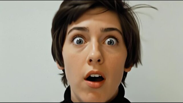 Woman shocked expression close-up, shaking head with pixie cut, minimalist white background