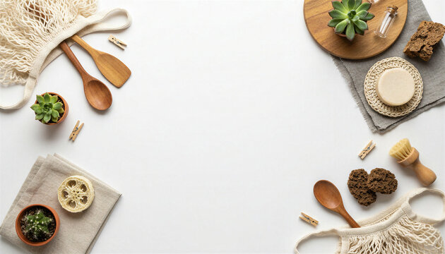 Zero waste lifestyle essentials on white background