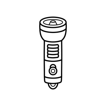 Minimalist black outline flashlight icon on transparent background representing portable emergency lighting equipment for camping search and rescue operations.
