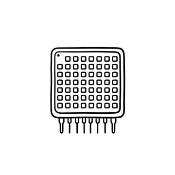 Integrated circuit microprocessor chip black outline icon on transparent background used for computer hardware schematics and technical software development graphics.