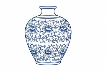 Fototapeta na wymiar Traditional Chinese blue, white porcelain vase illustration. Elegant ceramic pottery features intricate floral pattern with peony flowers, leaves. Symmetrical line art design shows classic oriental