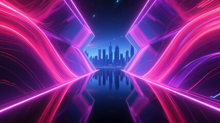 Obraz premium Vibrant neon light strips on cyberpunk city skyline
