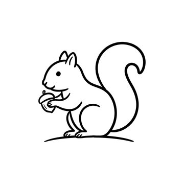 Cute squirrel holding acorn vector line art illustration for forest animals theme featuring small mammal with fluffy tail for nature creative design projects art.