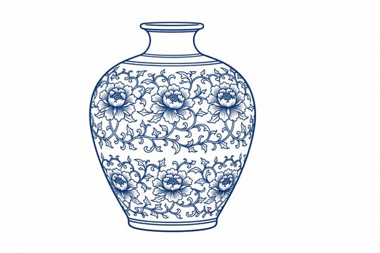 Traditional Chinese blue, white porcelain vase illustration. Elegant ceramic pottery features intricate floral pattern with peony flowers, leaves. Symmetrical line art design shows classic oriental