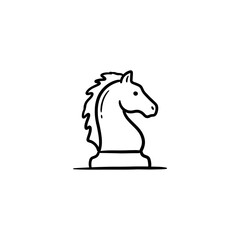 Chess knight piece line art icon illustration features black outline of stallion head profile on transparent background for game strategy and intellectual play. © workdesgin