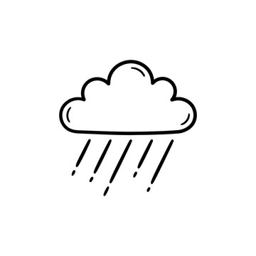 Rain cloud icon simple black line art drawing for weather forecast app interface design represented as isolated flat stroke illustration on transparent background.