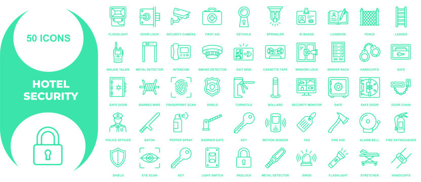 Comprehensive collection of fifty essential hotel security icons for modern digital and print design projects