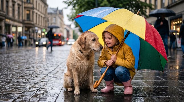 Child Sharing Umbrella With Dog Compassionate Kid Protecting Pet From Rain