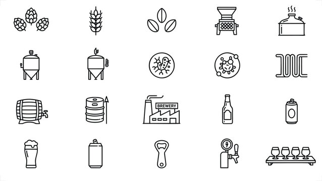 Brewery production process and beer icons in minimalist black line style featuring equipment for beverage design