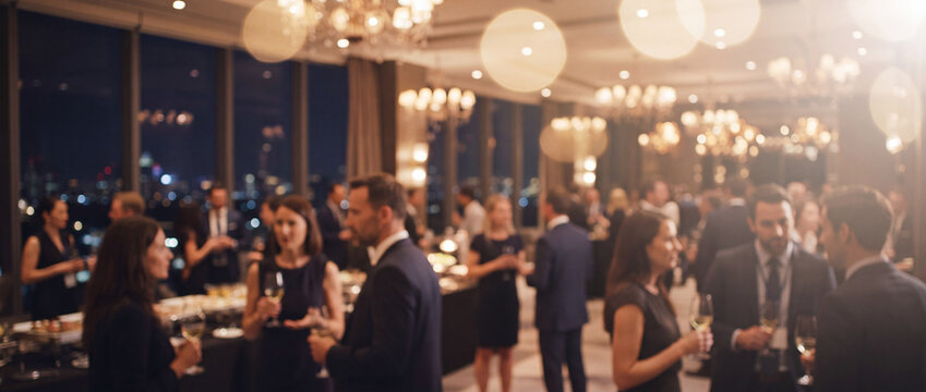 Business networking reception at evening gala with elegant professionals conversing with drinks in luxury high-rise ballroom, ideal for corporate PR and conference promotion