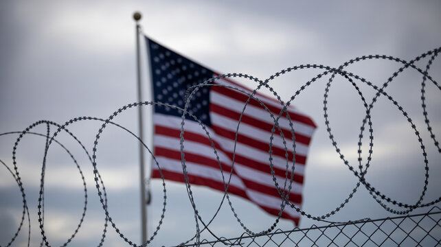 US flag behind razor wire against stormy sky, news style