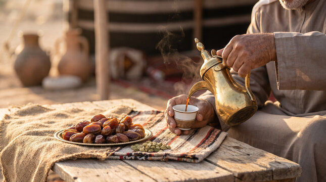 Arabic Coffee Ceremony UAE Traditional Gahwa Pouring From Dallah Pot Into Finjan Cup