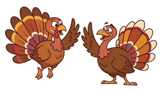 Two happy cartoon turkeys giving high fives on a white background
