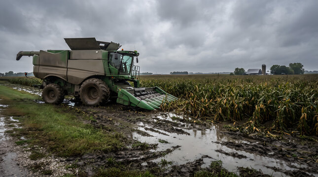Flooded cornfield and stranded combine harvester after severe rainfall