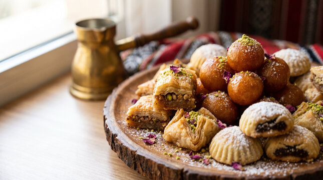 Arabic Sweets Emirati Traditional Desserts Baklava Maamoul Cookies On Wooden Board