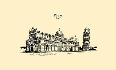 Obraz premium Hand-drawn of the leaning tower and cathedral in pisa, italy on cream background