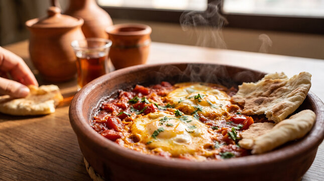 Emirati Breakfast Eggs Tomato Traditional UAE Shakshuka Style Dish With Bread And Herbs
